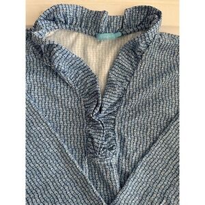 J. McLaughlin Durham Ruffle Collar 3/4 Sleeves Blue Geo Top Sz L Catalina Cloth